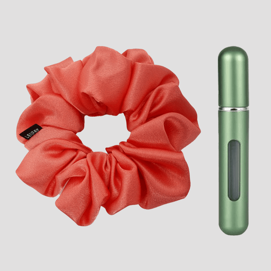 True Coral Satin Silk Scrunchie - Sage Green Mini Perfume Spray Btl.