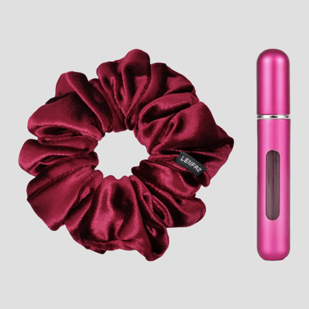 Intense Burgundy Velvet Scrunchie and Berry Pink Mini Perfume Refillable Spray Bottle Gift Set