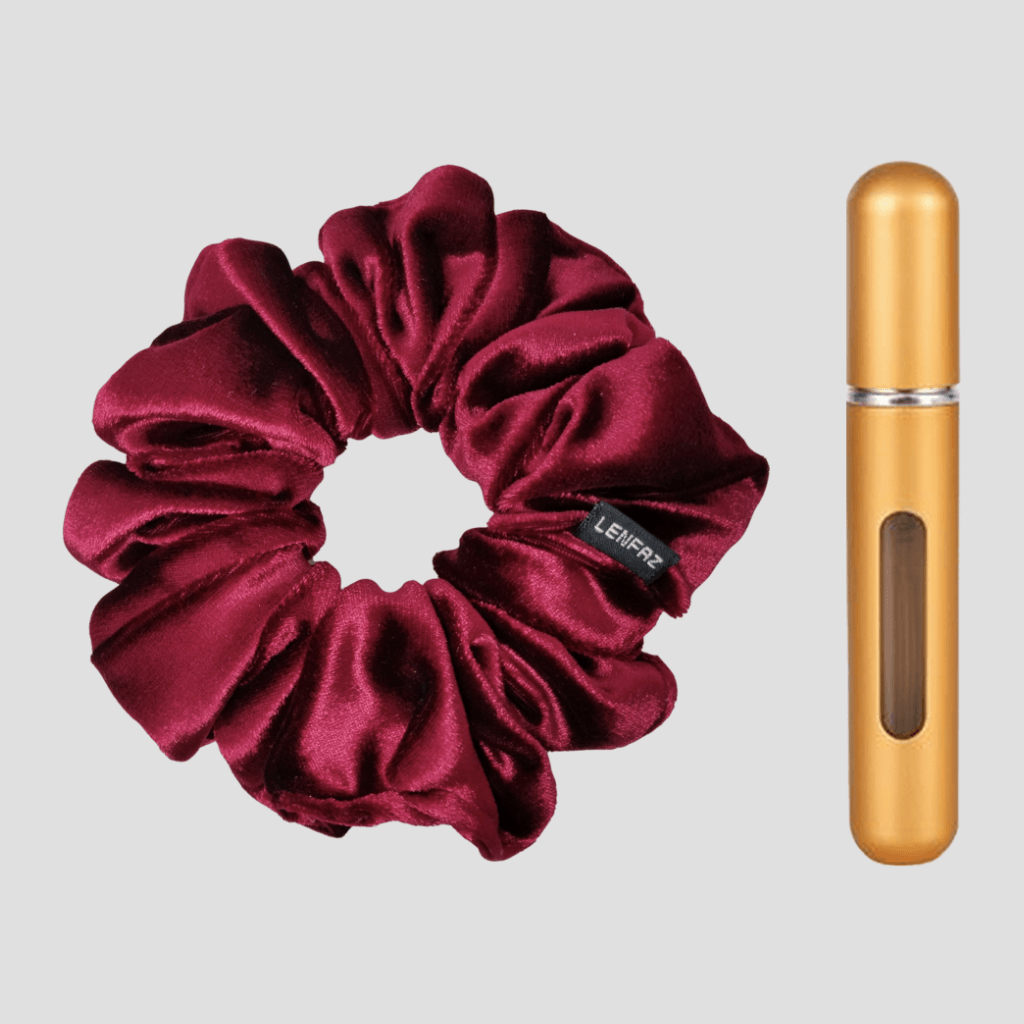 Intense Burgundy Velvet Scrunchie and Champagne Gold Mini Perfume Refillable Spray Bottle Gift Set