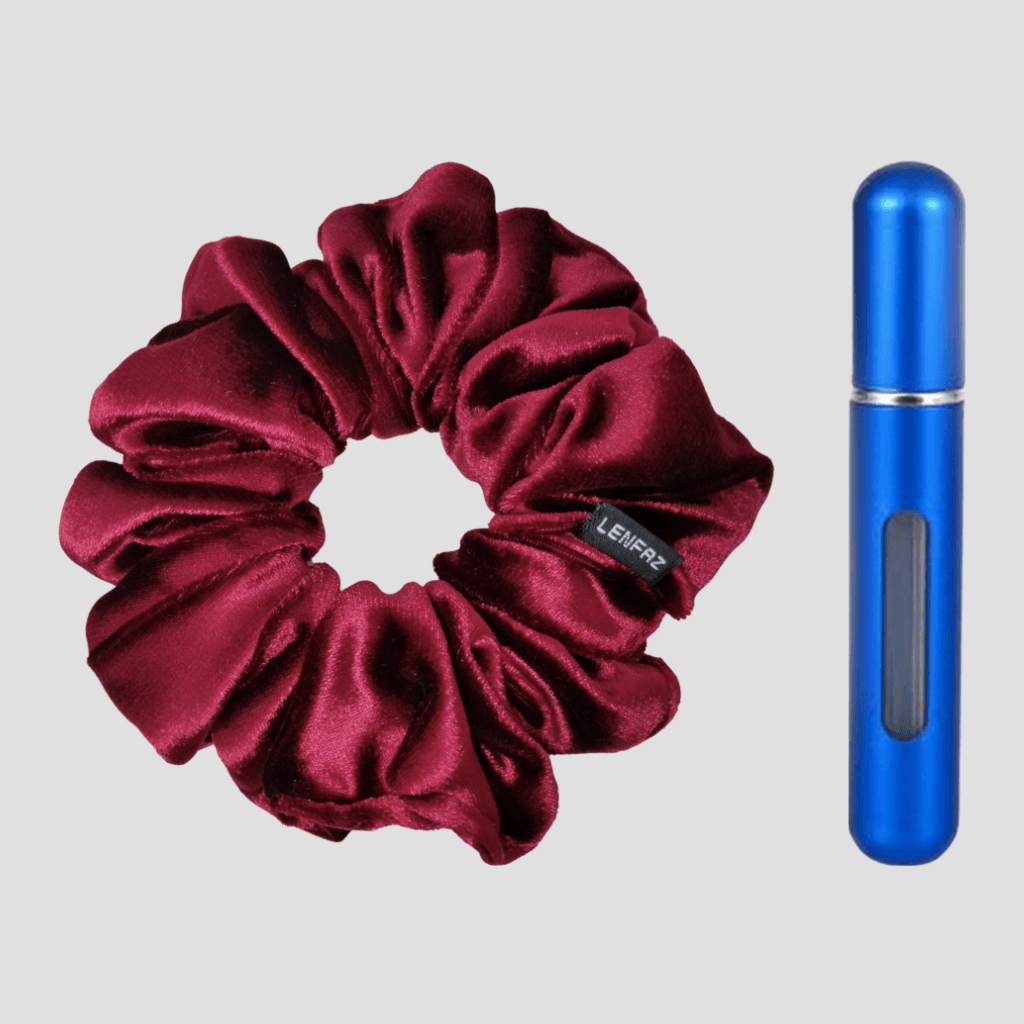 Intense Burgundy Velvet Scrunchie and Royal Blue Mini Perfume Refillable Spray Bottle Gift Set