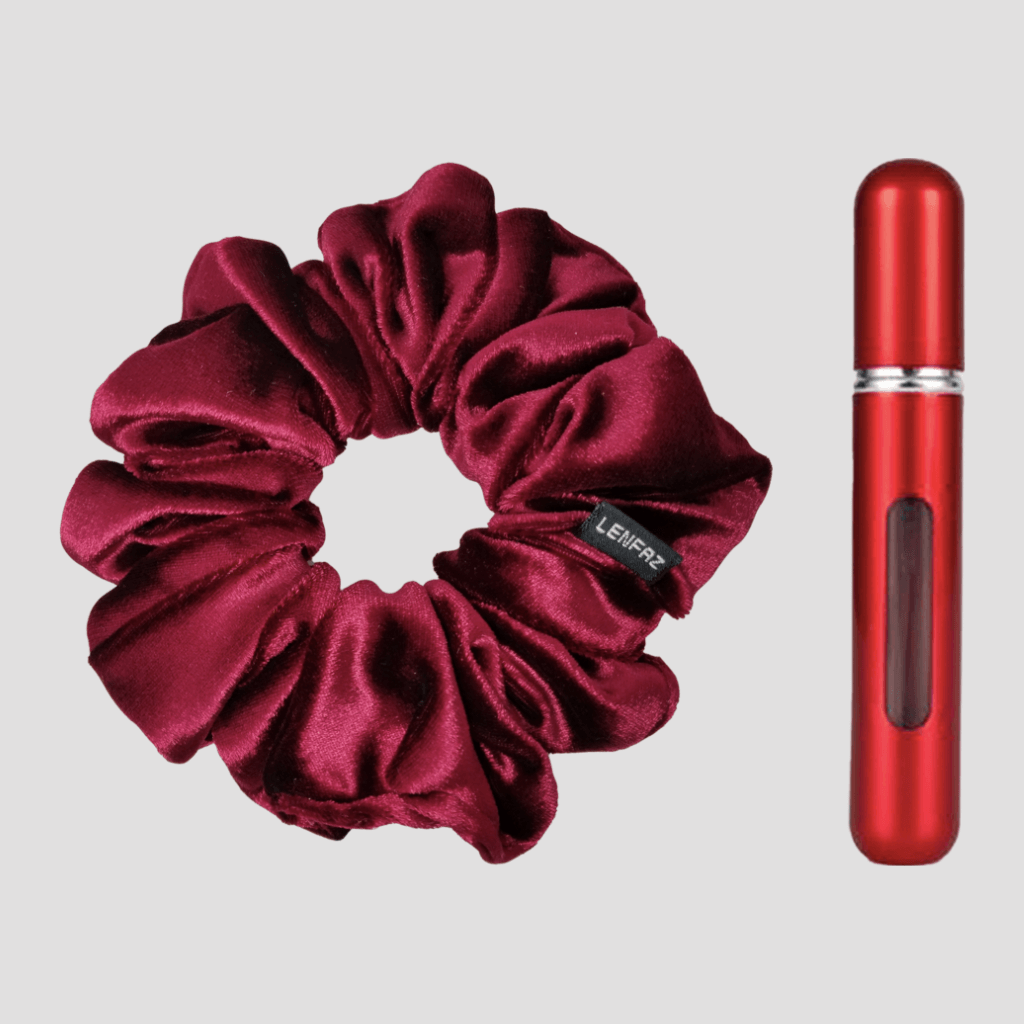 Intense Burgundy Velvet Scrunchie and So Red Mini Perfume Refillable Spray Bottle Gift Set
