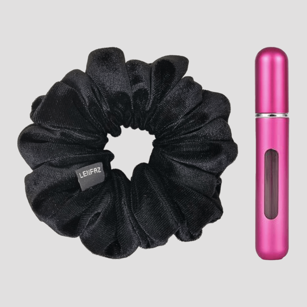 Black Diamond Velvet Scrunchie and Berry Pink Mini Perfume Refillable Spray Bottle Gift Set