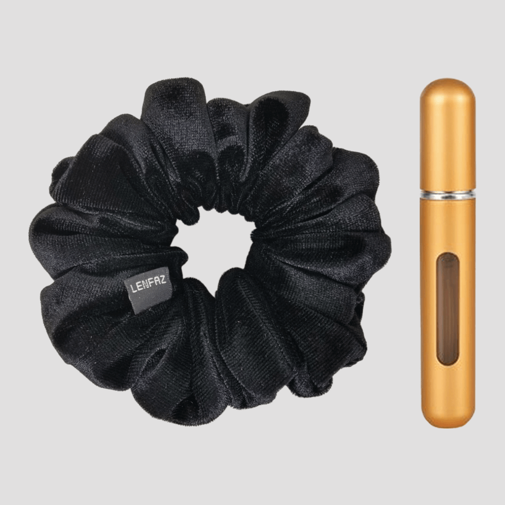 Black Diamond Velvet Scrunchie and Champagne Gold Mini Perfume Refillable Spray Bottle Gift Set