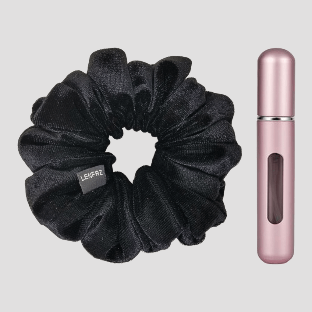 Black Diamond Velvet Scrunchie and Light Pink Mini Perfume Refillable Spray Bottle Gift Set