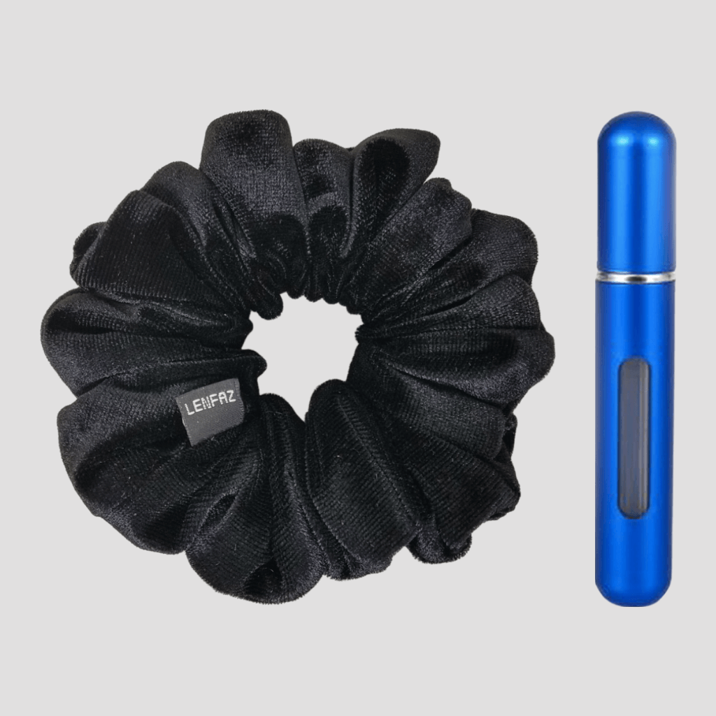Black Diamond Velvet Scrunchie and Royal Blue Mini Perfume Refillable Spray Bottle Gift Set