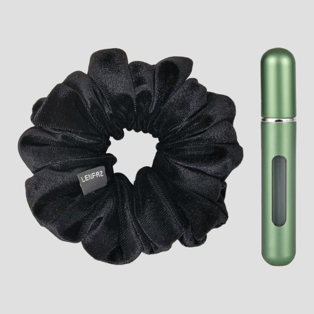Black Diamond Velvet Scrunchie and Sage Green Mini Perfume Refillable Spray Bottle Gift Set