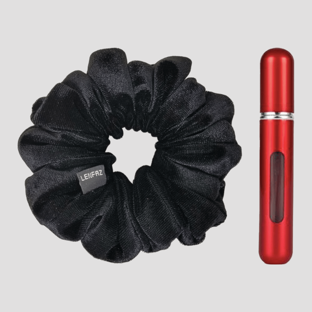 Black Diamond Velvet Scrunchie and So Red Mini Perfume Refillable Spray Bottle Gift Set