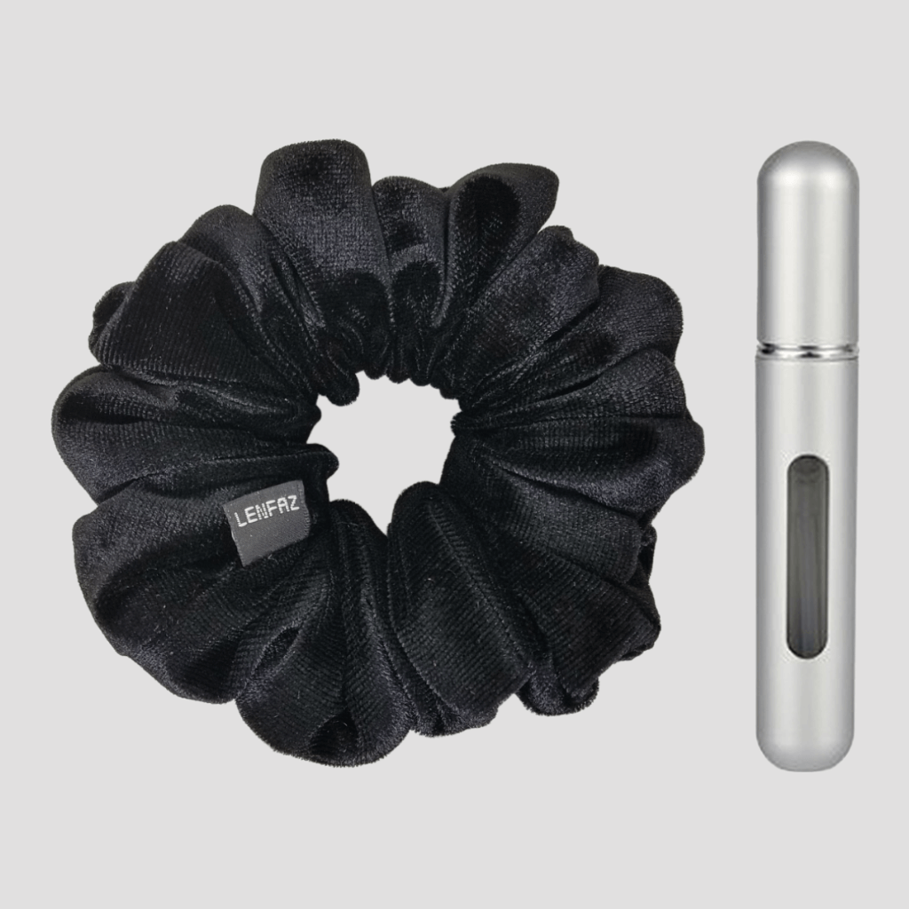 Black Diamond Velvet Scrunchie and Steel Silver Mini Perfume Refillable Spray Bottle Gift Set