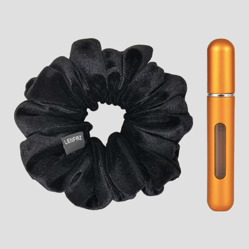 Black Diamond Velvet Scrunchie and Sunset Yellow Mini Perfume Refillable Spray Bottle Gift Set