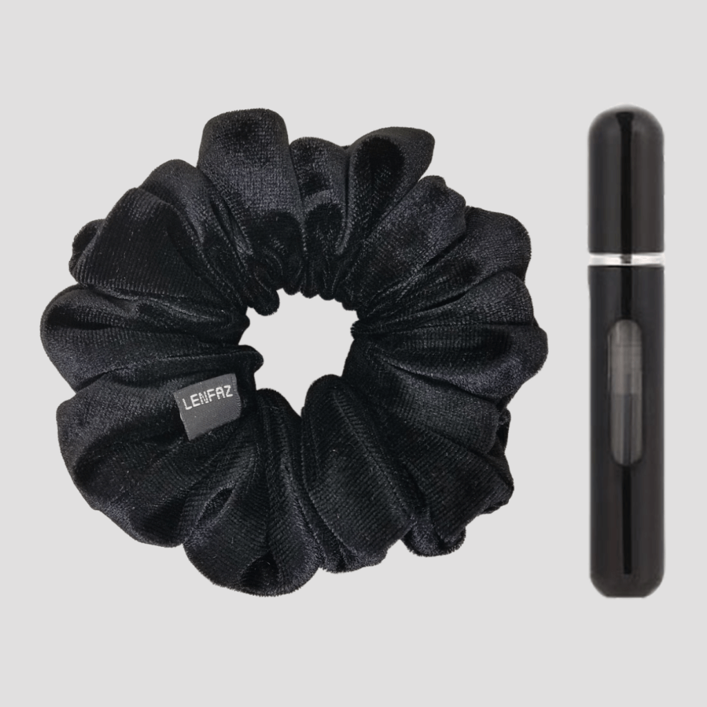 Black Diamond Velvet Scrunchie and Ultra Black Mini Perfume Refillable Spray Bottle Gift Set