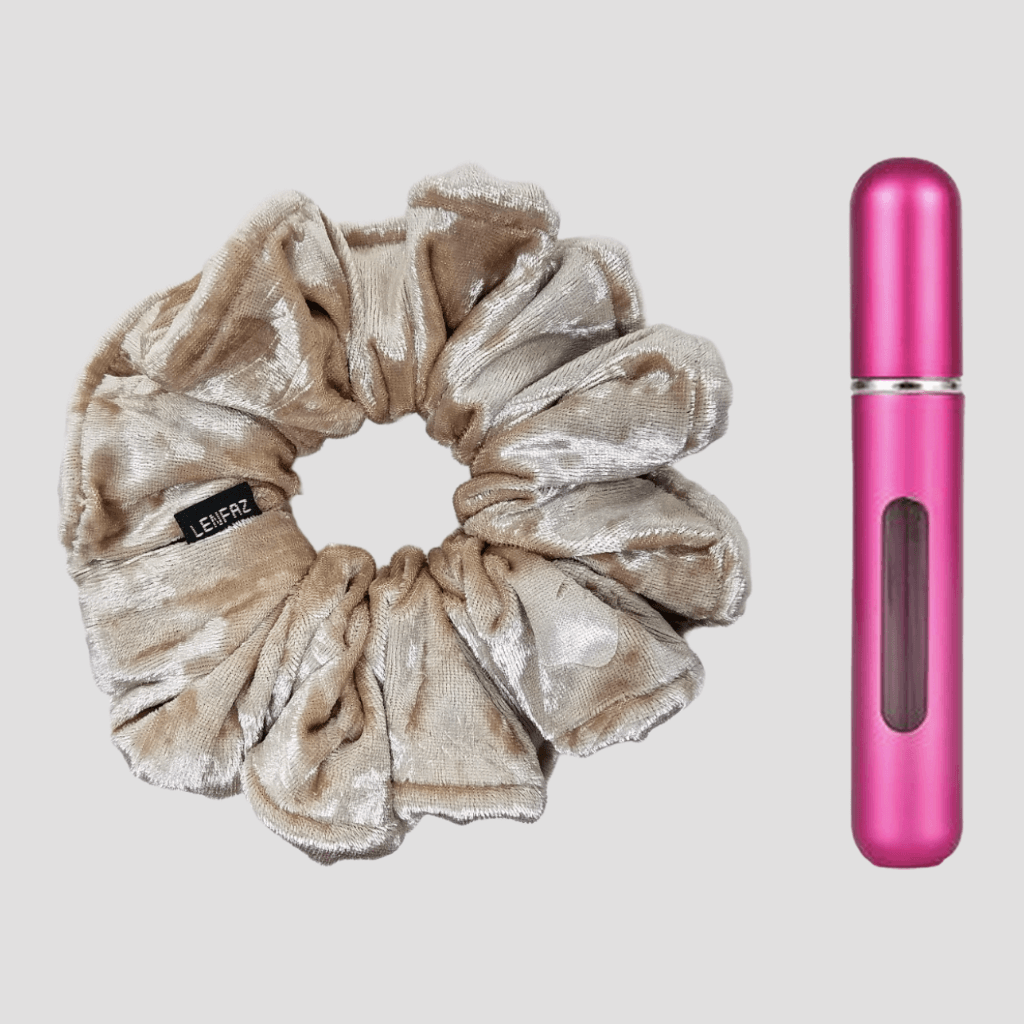 French Vanilla Velvet Scrunchie and Berry Pink Mini Perfume Refillable Spray Bottle Gift Set