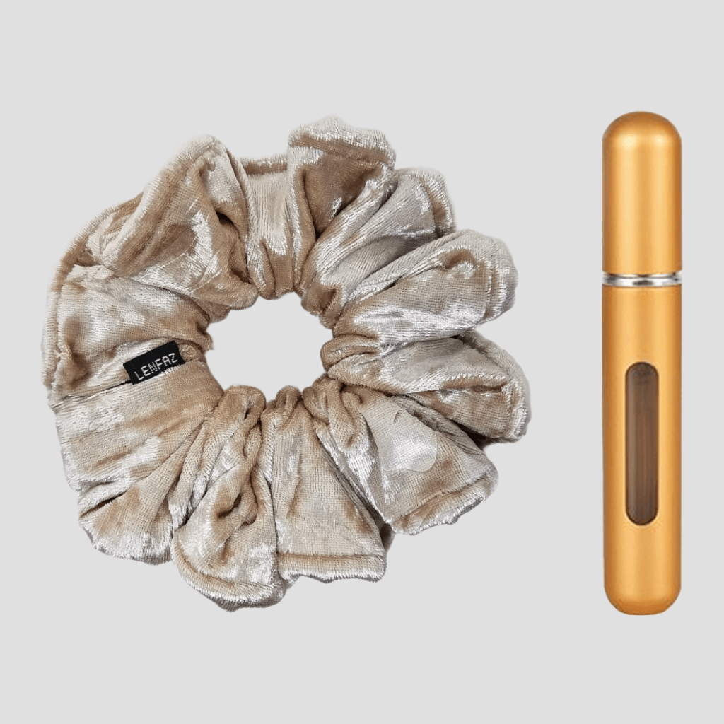 French Vanilla Velvet Scrunchie and Champagne Gold Mini Perfume Refillable Spray Bottle Gift Set