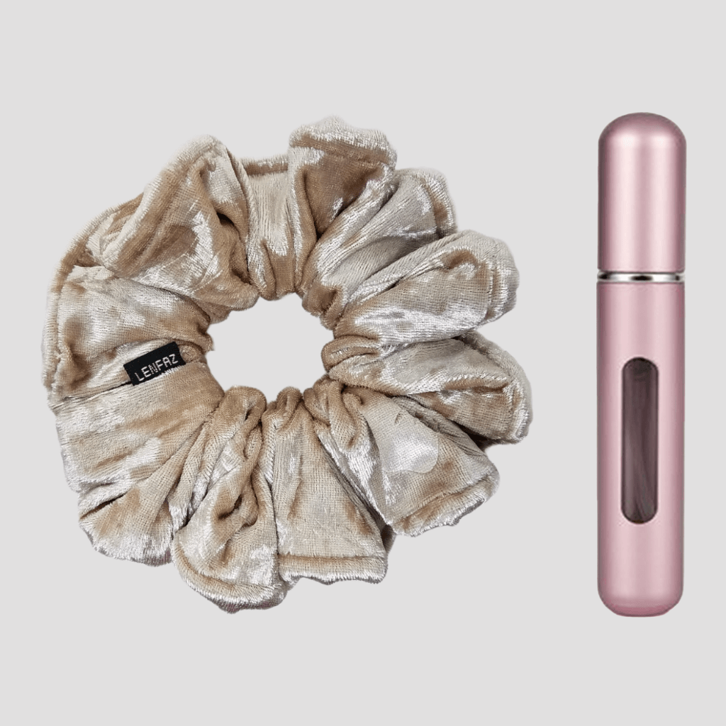 French Vanilla Velvet Scrunchie and Light Pink Mini Perfume Refillable Spray Bottle Gift Set
