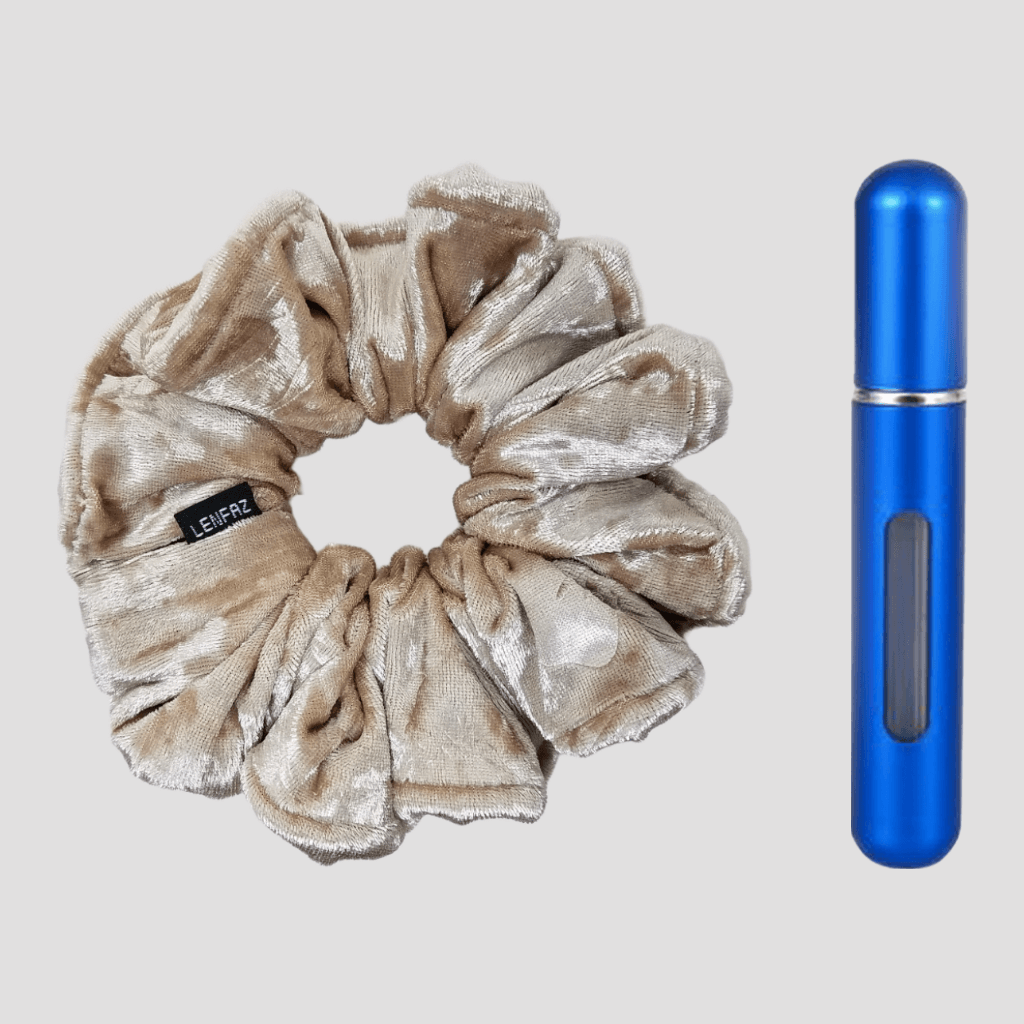 French Vanilla Velvet Scrunchie and Royal Blue Mini Perfume Refillable Spray Bottle Gift Set