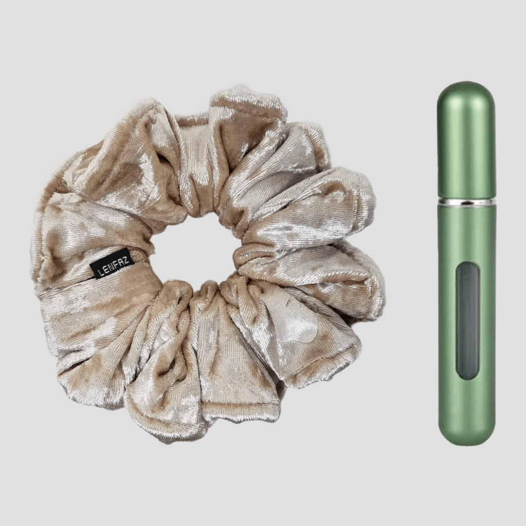 French Vanilla Velvet Scrunchie and Sage Green Mini Perfume Refillable Spray Bottle Gift Set