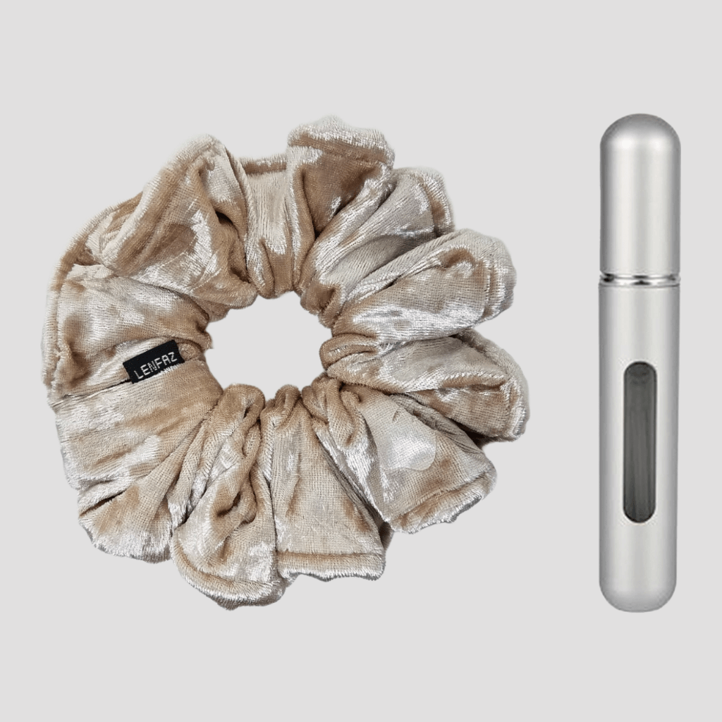 French Vanilla Velvet Scrunchie and Steel Silver Mini Perfume Refillable Spray Bottle Gift Set