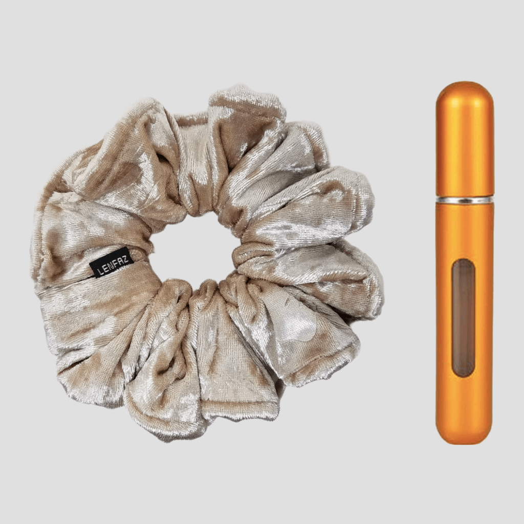 French Vanilla Velvet Scrunchie and Sunset Yellow Mini Perfume Refillable Spray Bottle Gift Set