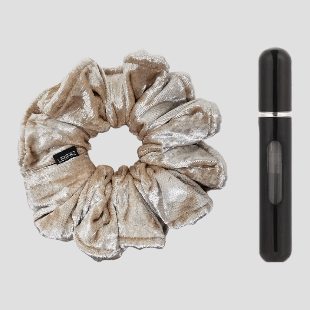 French Vanilla Velvet Scrunchie and Ultra Black Mini Perfume Refillable Spray Bottle Gift Set