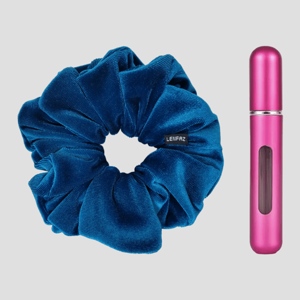 Peacock Blue Velvet Scrunchie and Berry Pink Mini Perfume Refillable Spray Bottle Gift Set