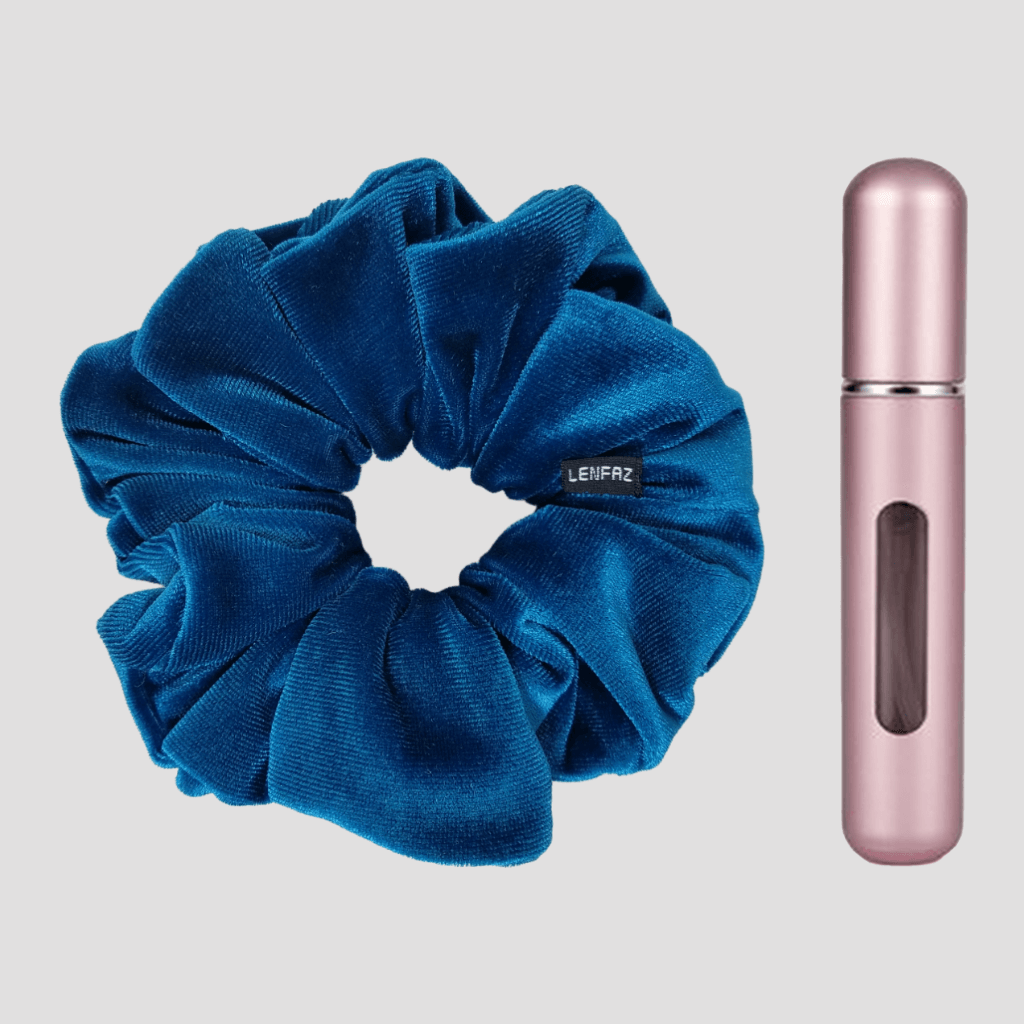 Peacock Blue Velvet Scrunchie and Light Pink Mini Perfume Refillable Spray Bottle Gift Set