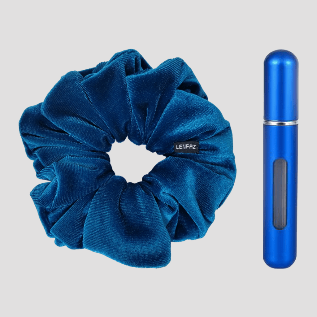 Peacock Blue Velvet Scrunchie and Royal Blue Mini Perfume Refillable Spray Bottle Gift Set