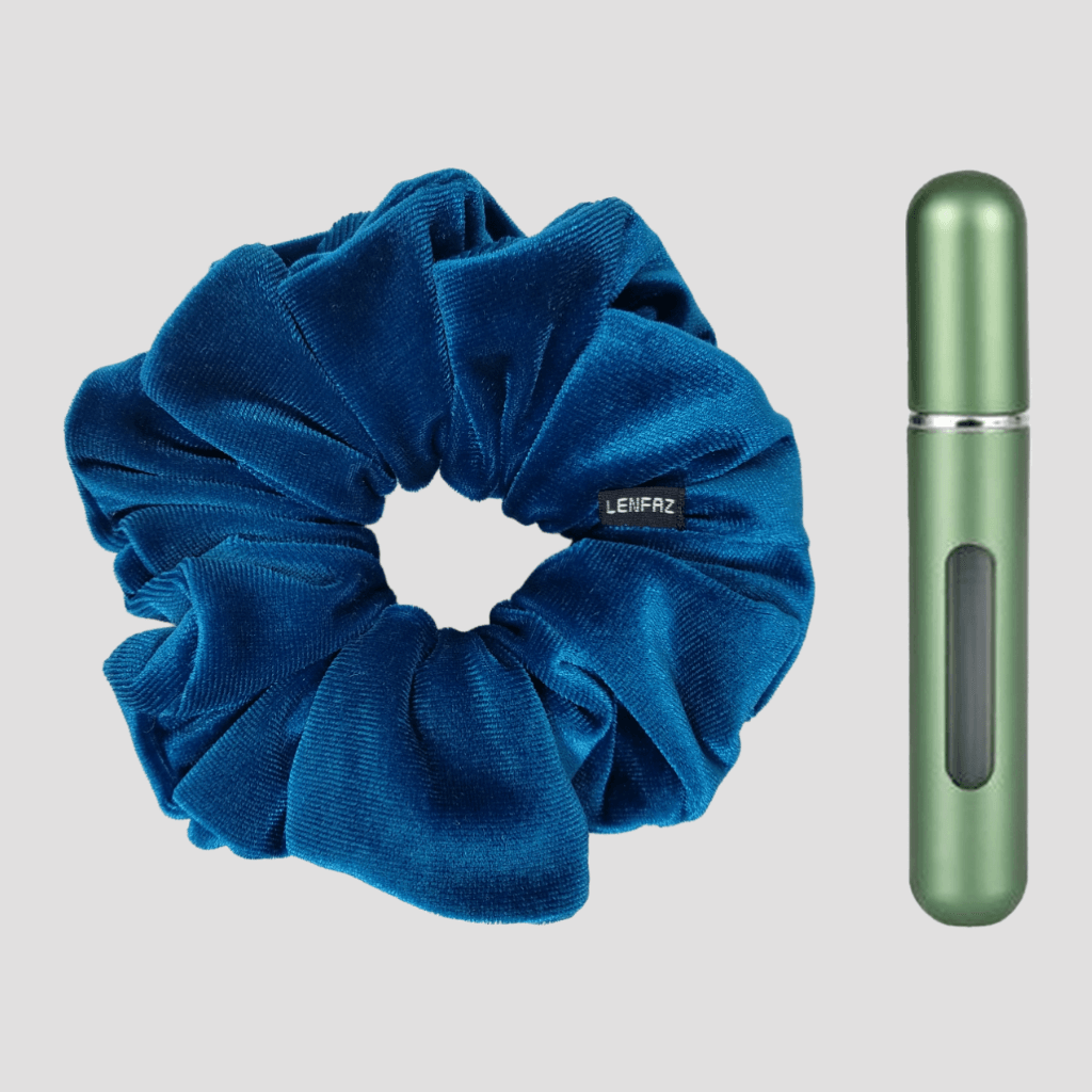 Peacock Blue Velvet Scrunchie and Sage Green Mini Perfume Refillable Spray Bottle Gift Set