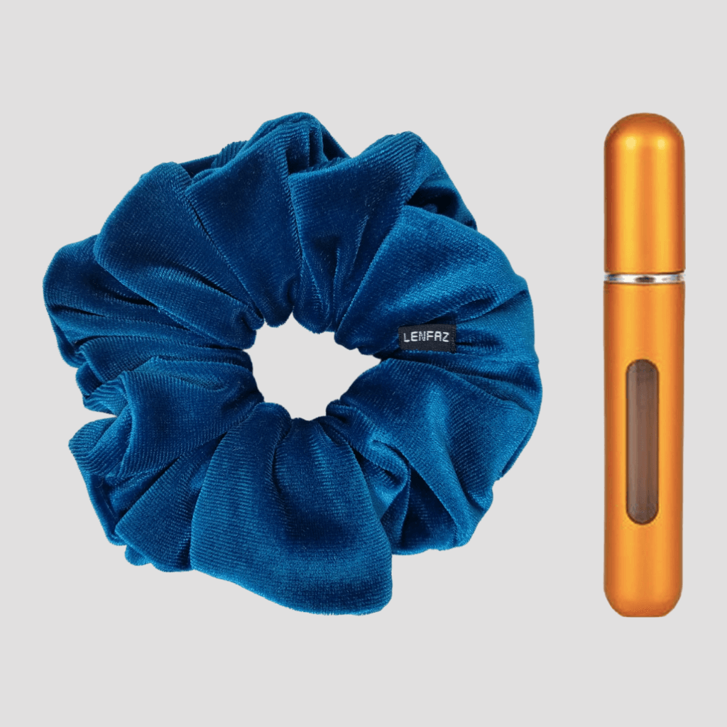 Peacock Blue Velvet Scrunchie and Sunset Yellow Mini Perfume Refillable Spray Bottle Gift Set