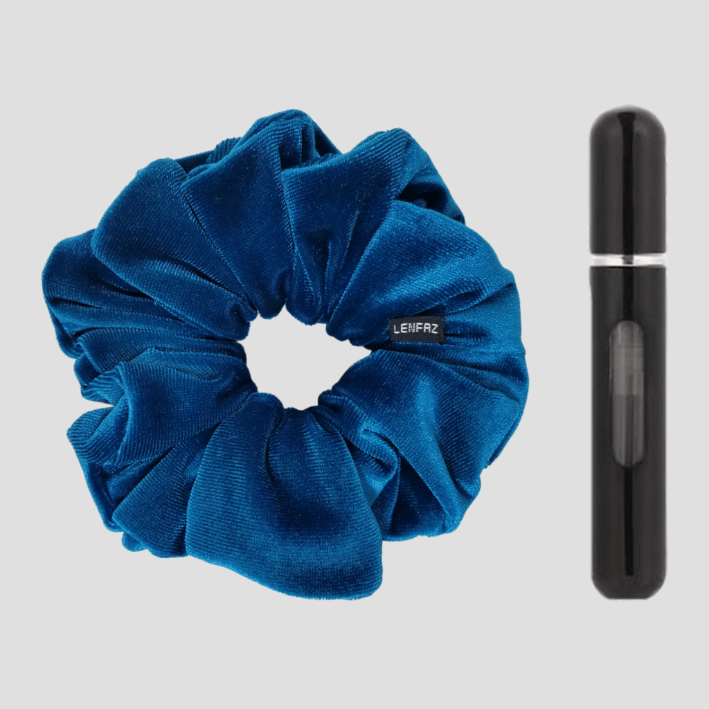 Peacock Blue Velvet Scrunchie and Ultra Black Mini Perfume Refillable Spray Bottle Gift Set