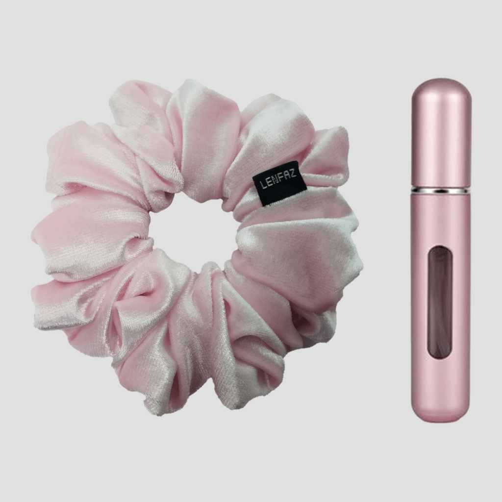 Petal Pink Velvet Scrunchie and Light Pink Mini Perfume Refillable Spray Bottle Gift Set