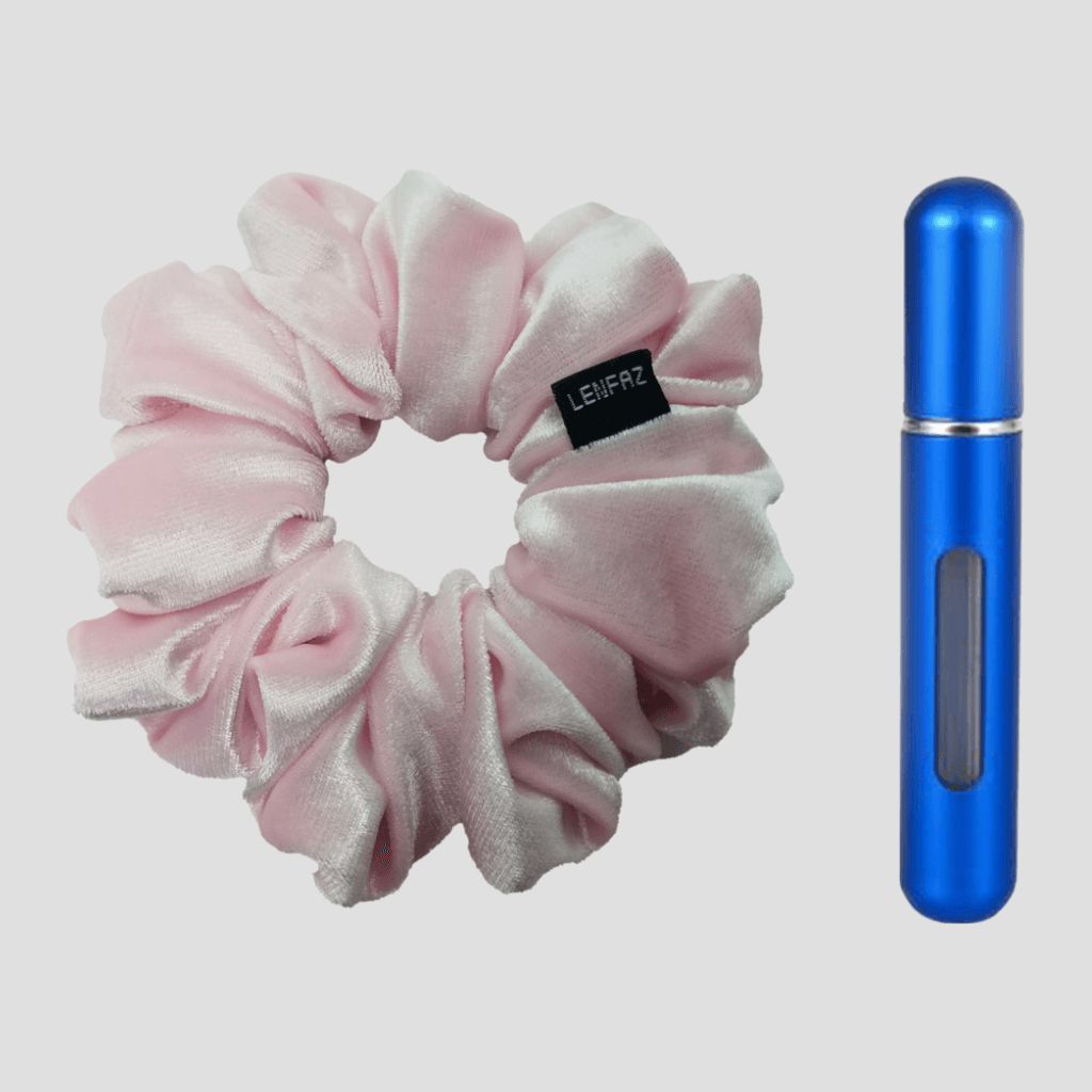 Petal Pink Velvet Scrunchie and Royal Blue Mini Perfume Refillable Spray Bottle Gift Set