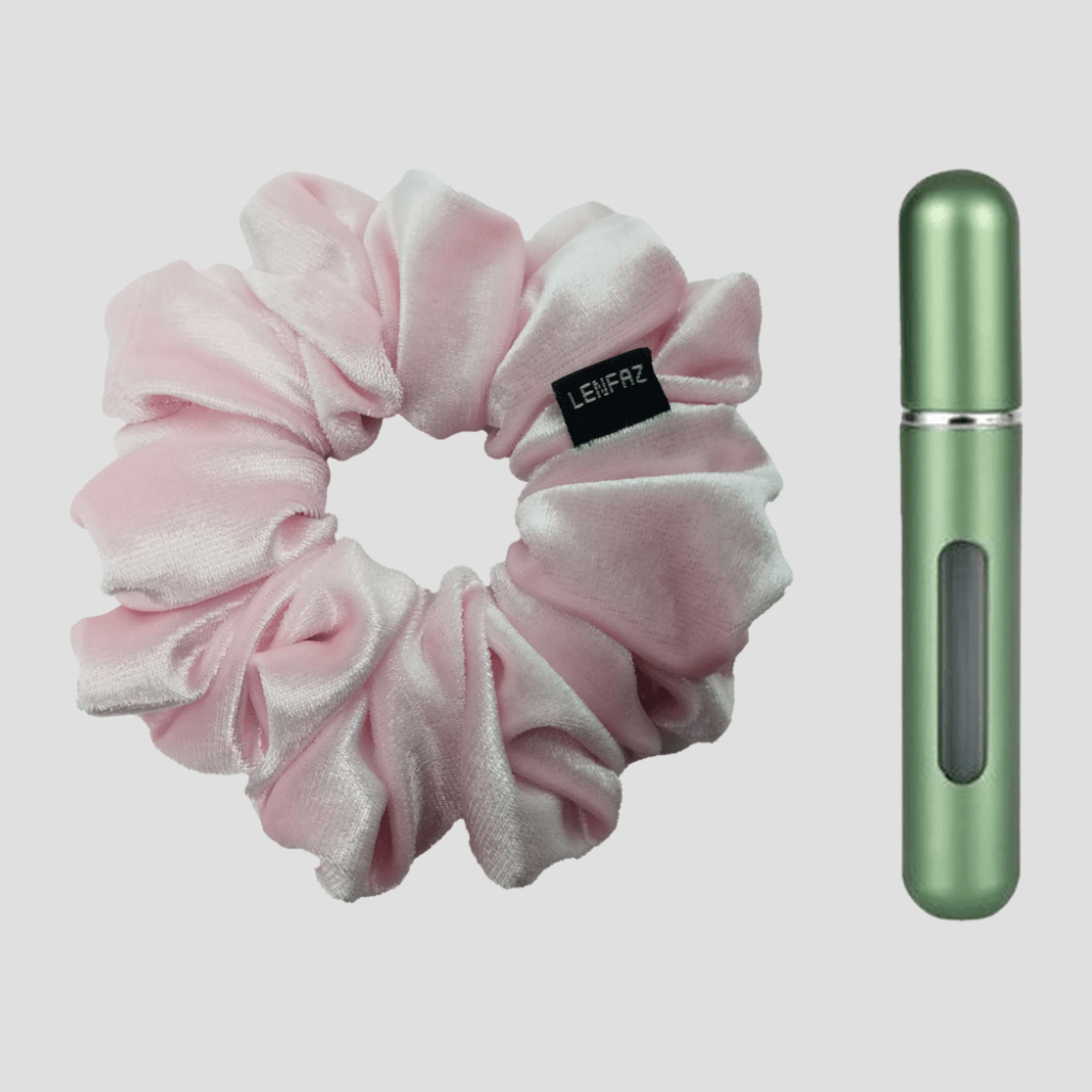 Petal Pink Velvet Scrunchie and Sage Green Mini Perfume Refillable Spray Bottle Gift Set