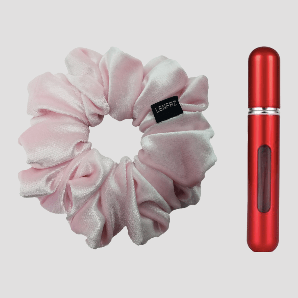 Petal Pink Velvet Scrunchie and So Red Mini Perfume Refillable Spray Bottle Gift Set