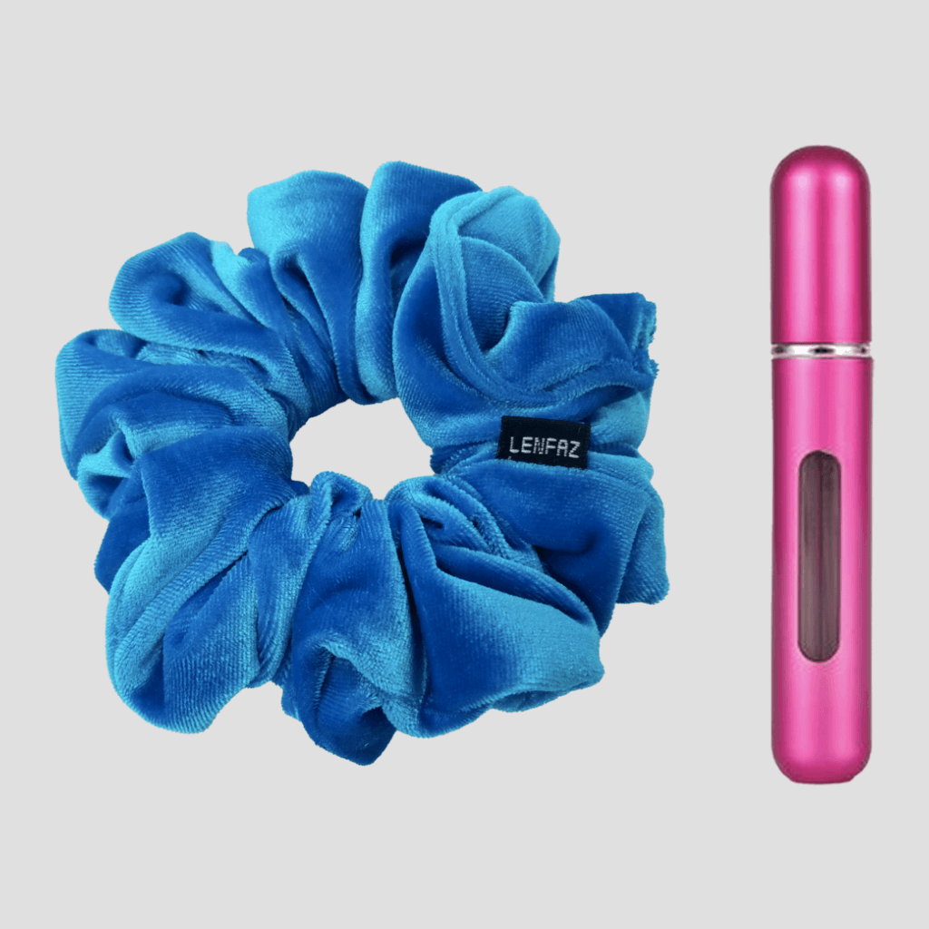 Sky Blue Velvet Scrunchie and Berry Pink Mini Perfume Refillable Spray Bottle Gift Set