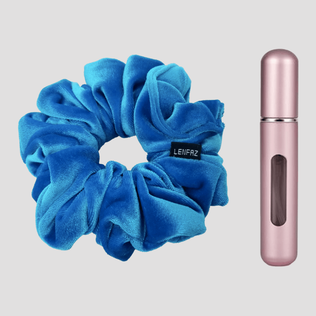 Sky Blue Velvet Scrunchie and Light Pink Mini Perfume Refillable Spray Bottle Gift Set