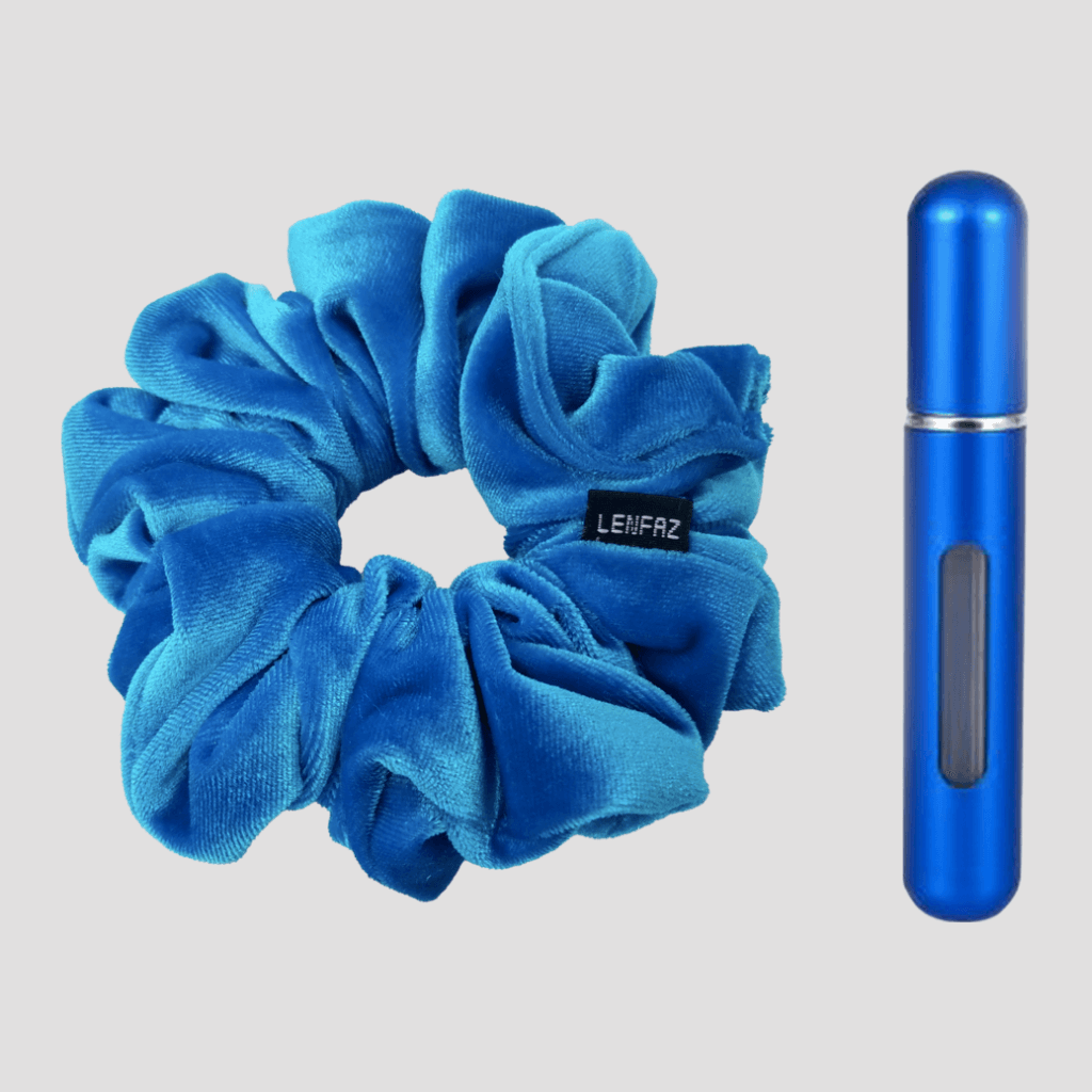 Sky Blue Velvet Scrunchie and Royal Blue Mini Perfume Refillable Spray Bottle Gift Set