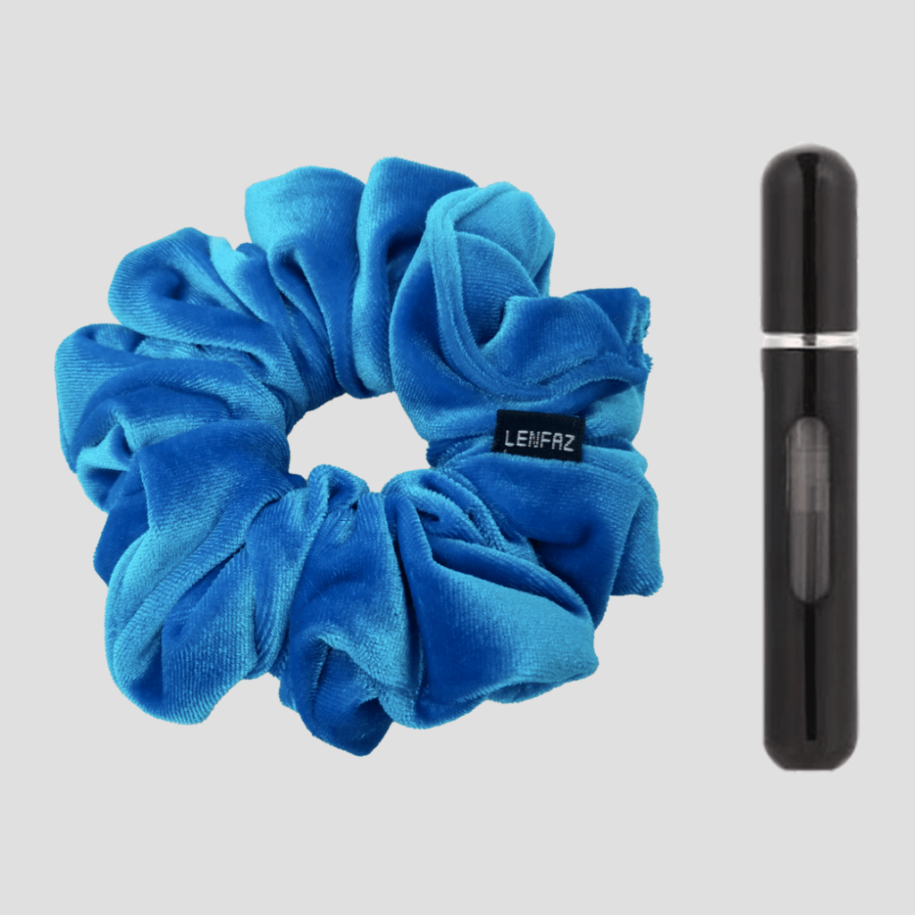 Sky Blue Velvet Scrunchie and Ultra Black Mini Perfume Refillable Spray Bottle Gift Set