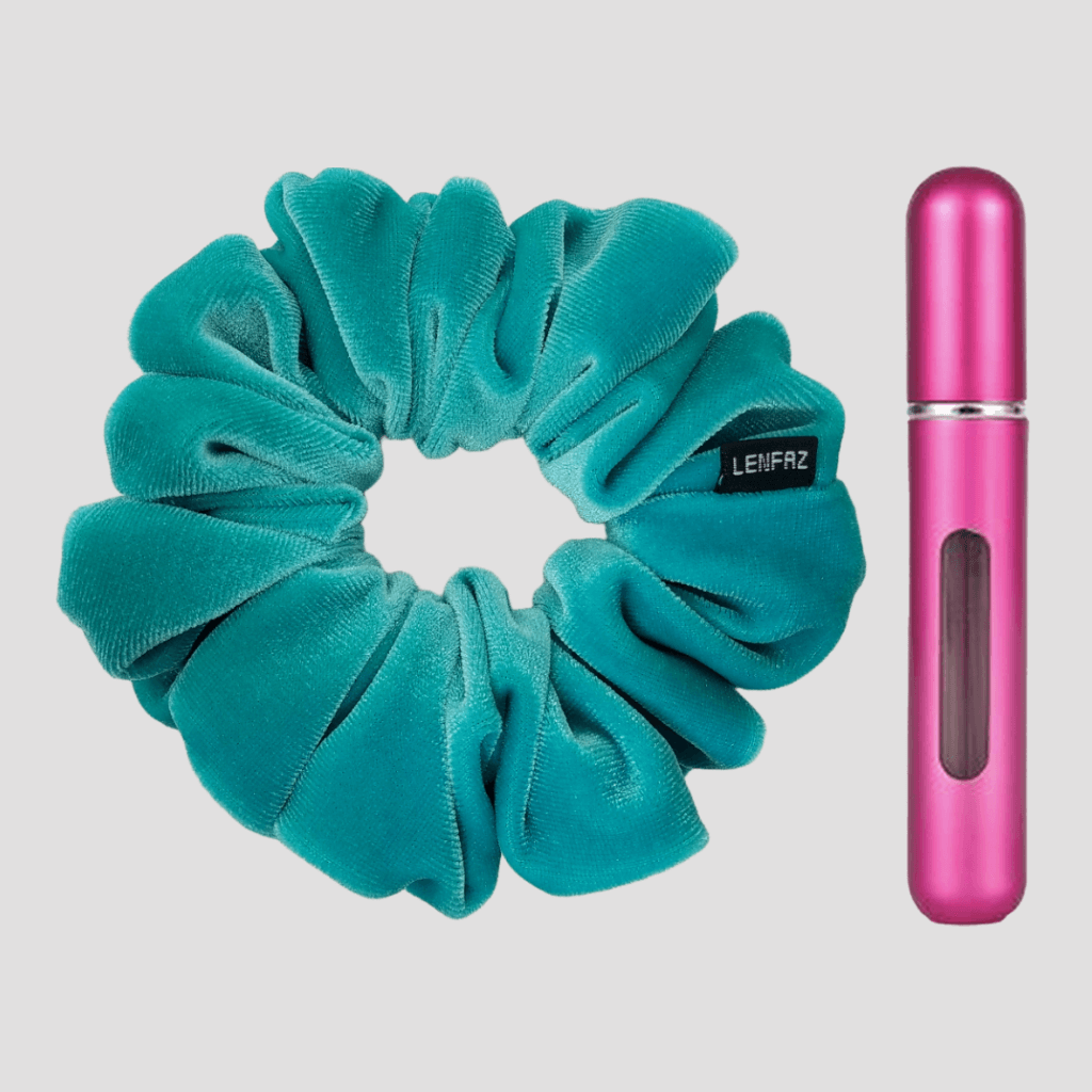 Sea Green Velvet Scrunchie and Berry Pink Mini Perfume Refillable Spray Bottle Gift Set