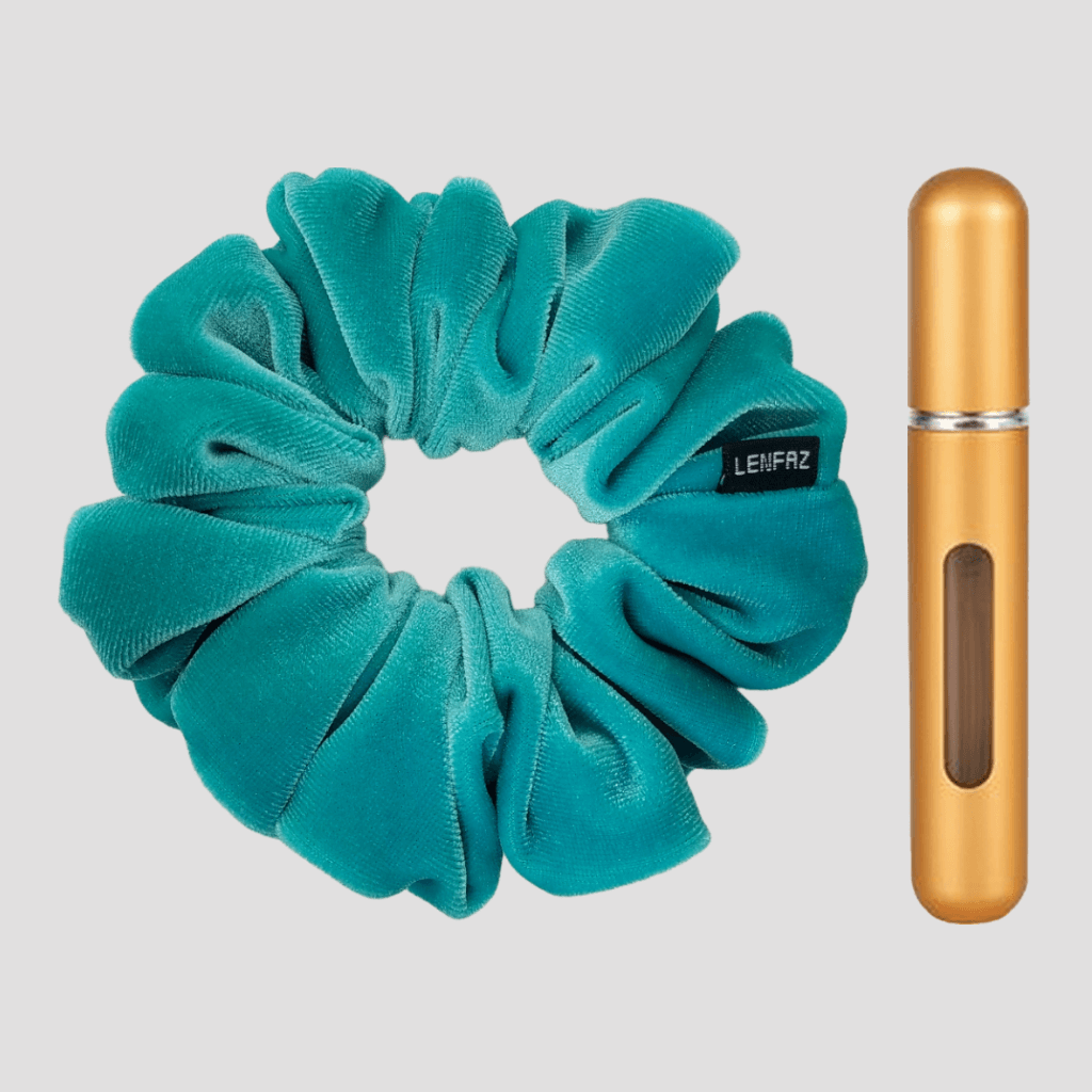 Sea Green Velvet Scrunchie and Champagne Gold Mini Perfume Refillable Spray Bottle Gift Set