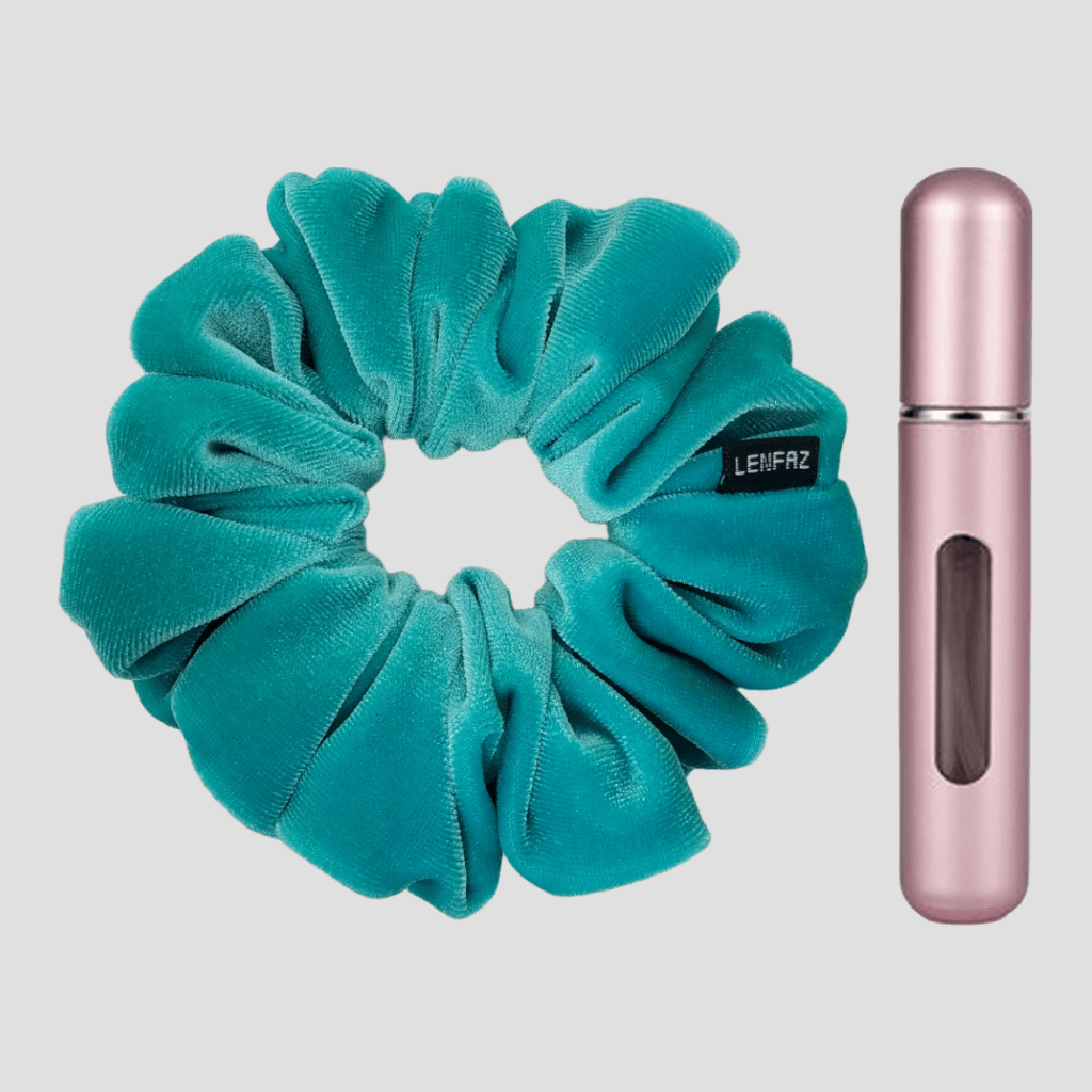 Sea Green Velvet Scrunchie and Light Pink Mini Perfume Refillable Spray Bottle Gift Set