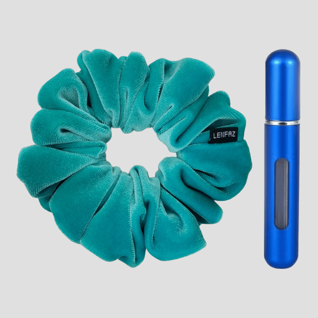 Sea Green Velvet Scrunchie and Royal Blue Mini Perfume Refillable Spray Bottle Gift Set