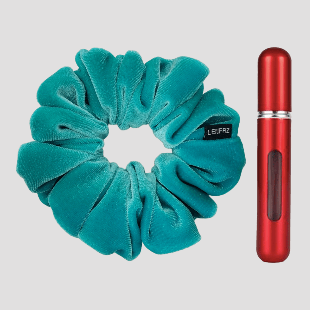 Sea Green Velvet Scrunchie and So Red Mini Perfume Refillable Spray Bottle Gift Set