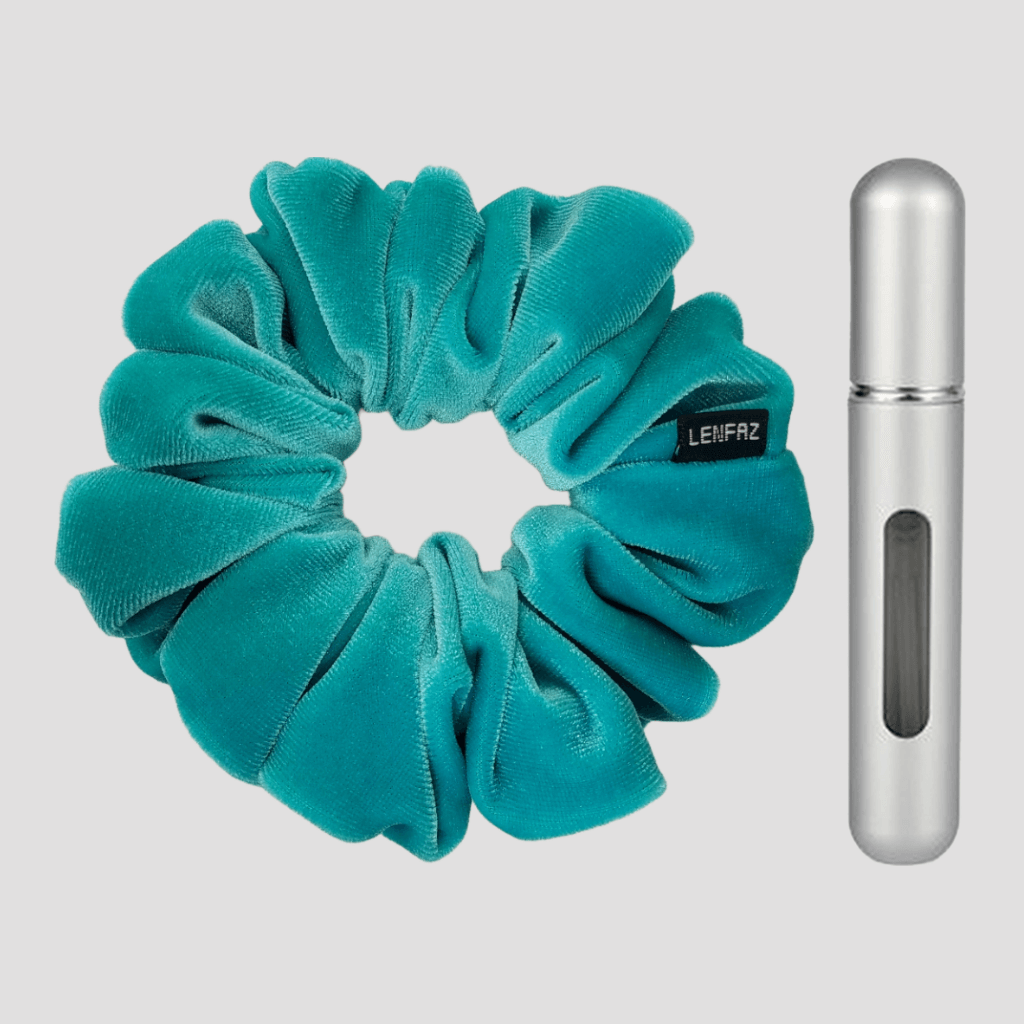 Sea Green Velvet Scrunchie and Steel Silver Mini Perfume Refillable Spray Bottle Gift Set