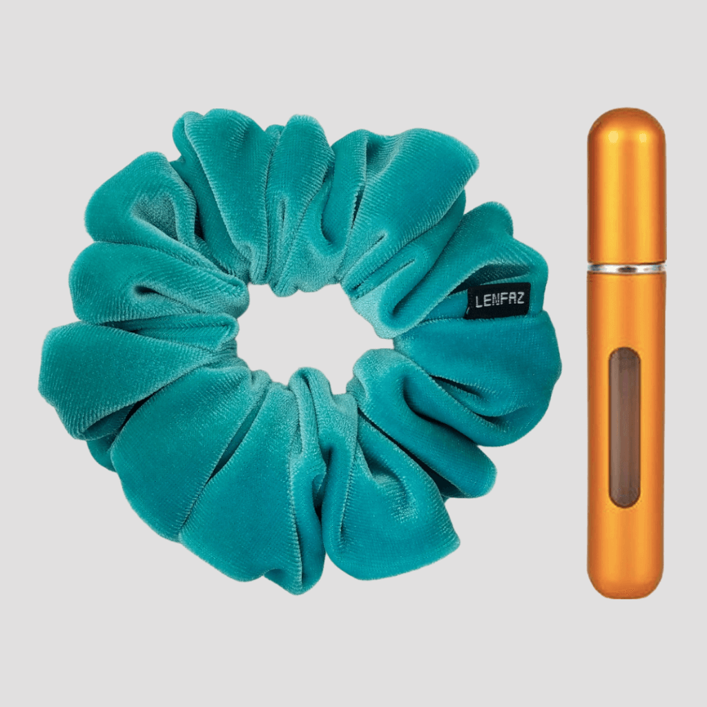 Sea Green Velvet Scrunchie and Sunset Yellow Mini Perfume Refillable Spray Bottle Gift Set