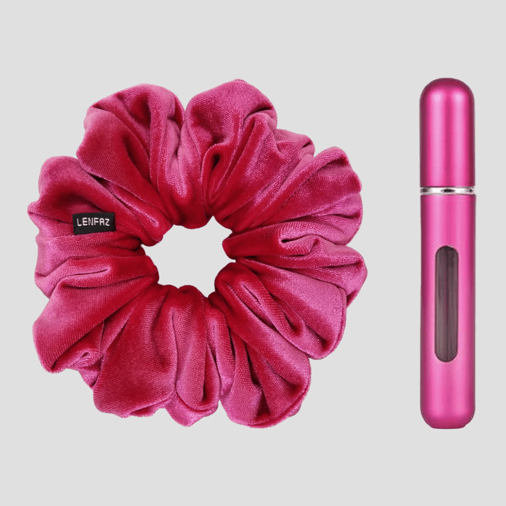Very Berry Velvet Scrunchie and Berry Pink Mini Perfume Refillable Spray Bottle Gift Set