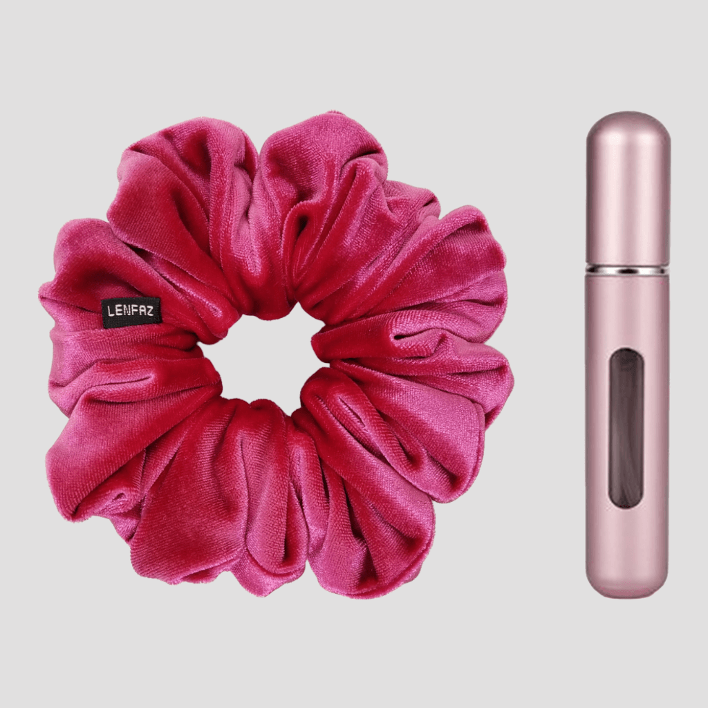 Very Berry Velvet Scrunchie and Light Pink Mini Perfume Refillable Spray Bottle Gift Set