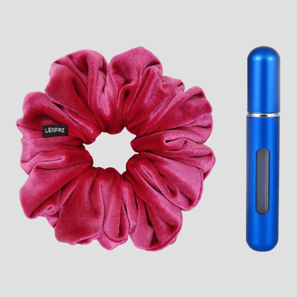Very Berry Velvet Scrunchie and Royal Blue Mini Perfume Refillable Spray Bottle Gift Set