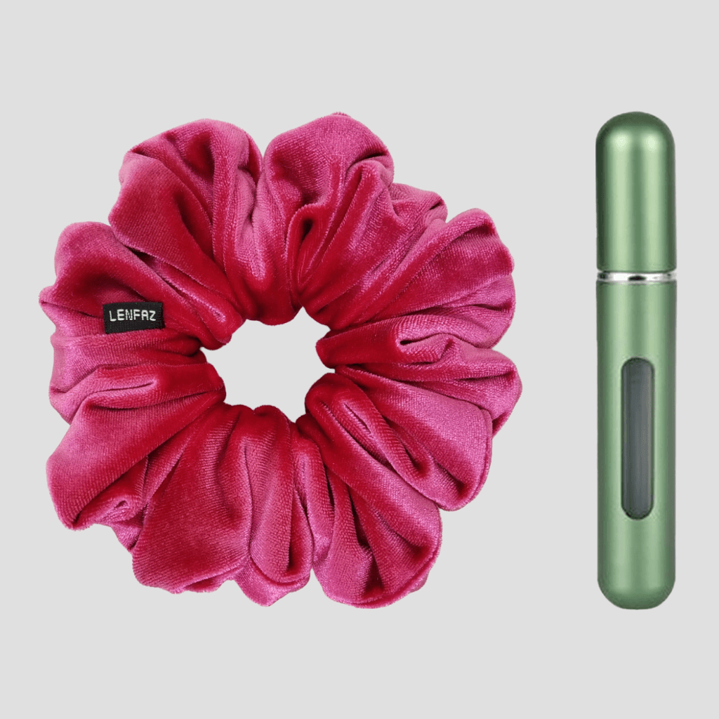 Very Berry Velvet Scrunchie and Sage Green Mini Perfume Refillable Spray Bottle Gift Set