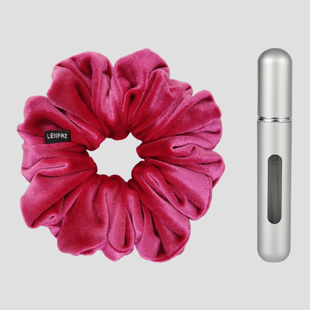 Very Berry Velvet Scrunchie and Steel Silver Mini Perfume Refillable Spray Bottle Gift Set