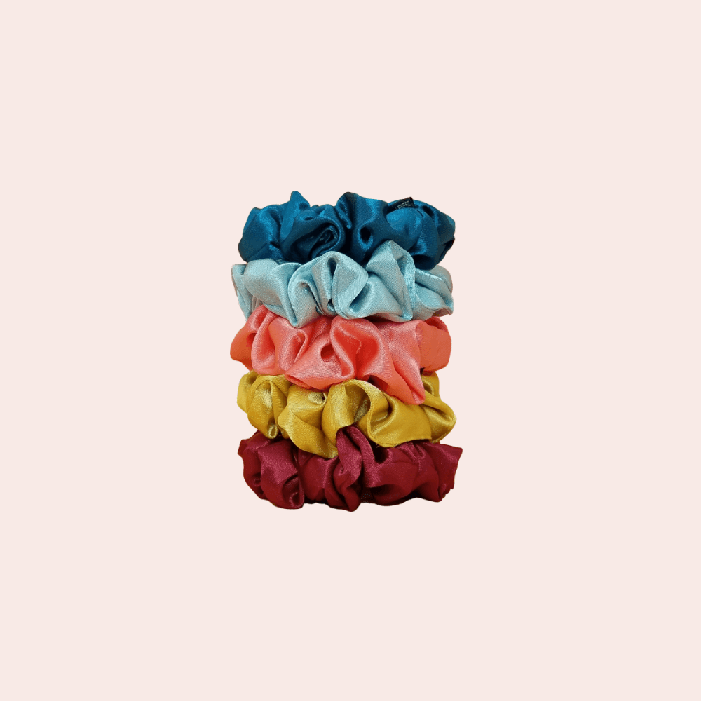 5 Premium Satin Silk Handmade Scrunchies Stacked - Various Colors