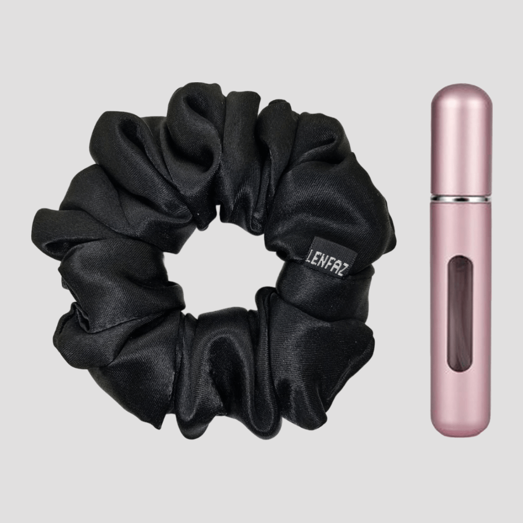 Radiant Black Satin Silk Scrunchie - Light Pink Mini Perfume Spray Btl.